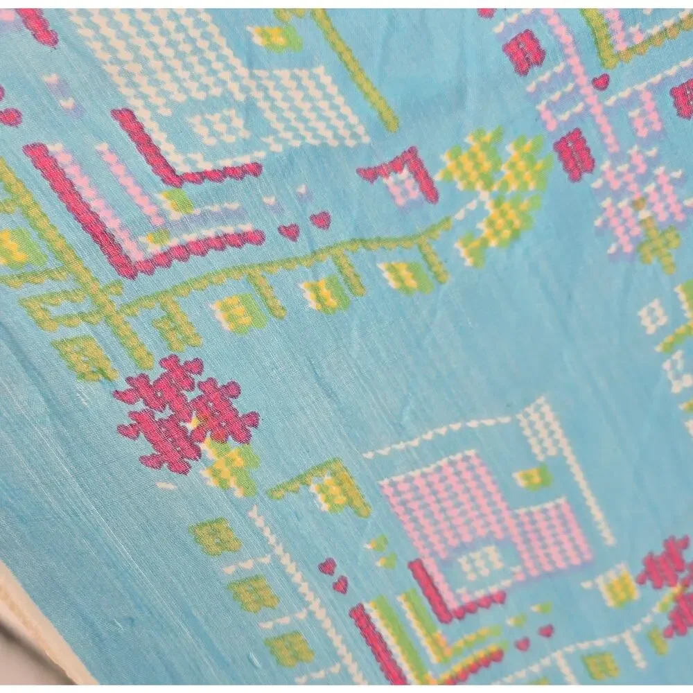 Vintage Desen India 100% Turkish Silk Scarf – Bright Blue Folk Geometric Pattern